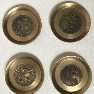 4 Vintage antique mini solid brass Chinese zodiac plates decorative collectible